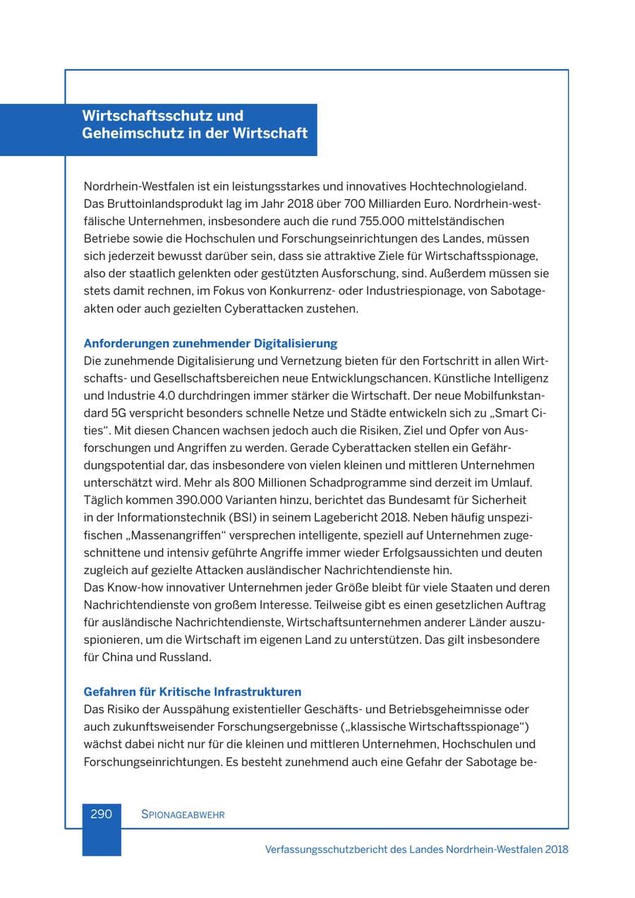 Seite 291 des Verfassungsschutzbericht 2018 Nordrhein-Westfalen