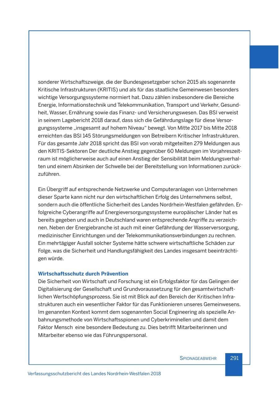 Seite 292 des Verfassungsschutzbericht 2018 Nordrhein-Westfalen
