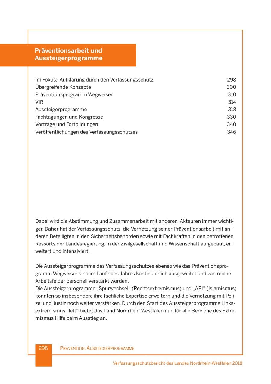 Seite 299 des Verfassungsschutzbericht 2018 Nordrhein-Westfalen