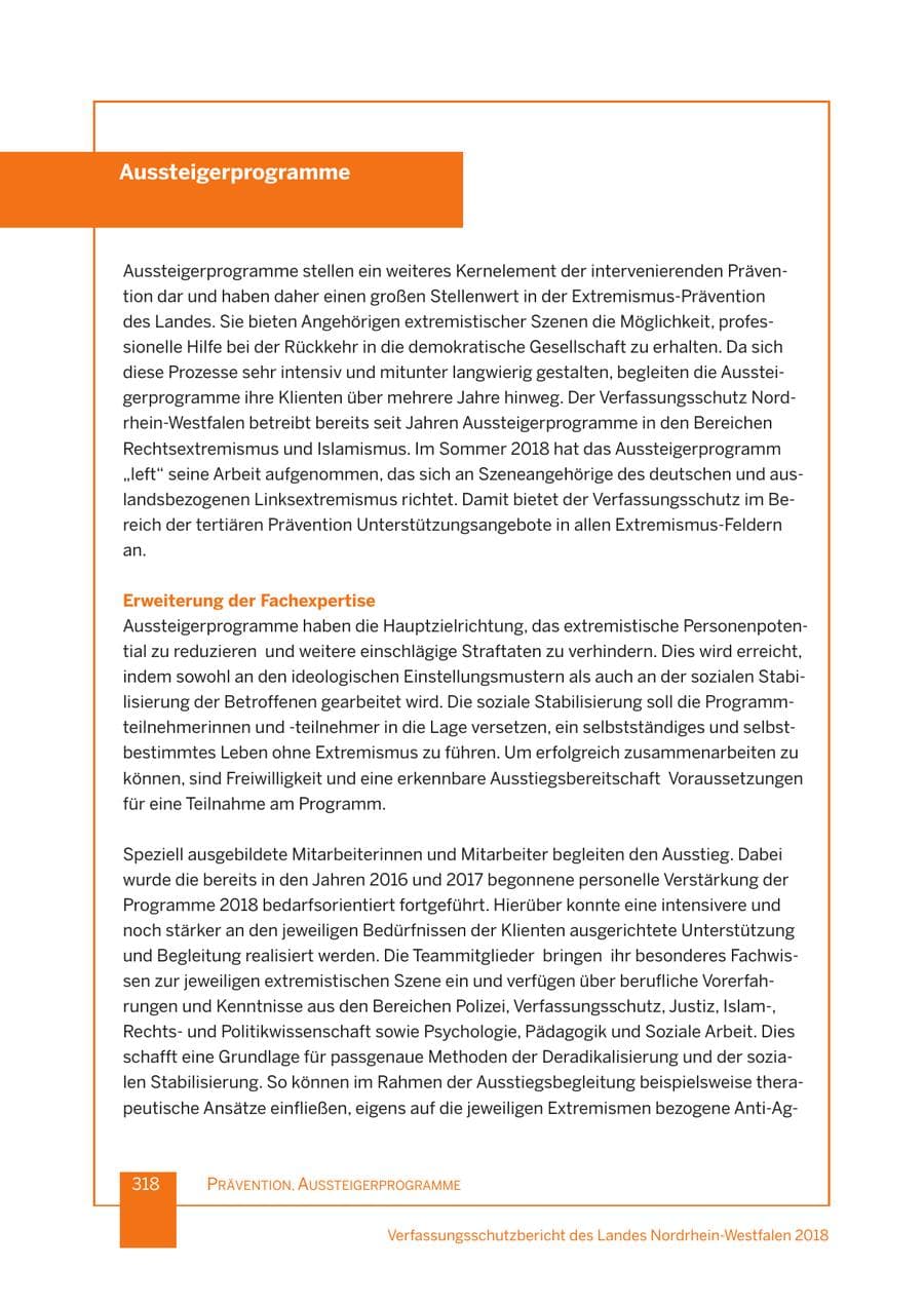 Seite 319 des Verfassungsschutzbericht 2018 Nordrhein-Westfalen