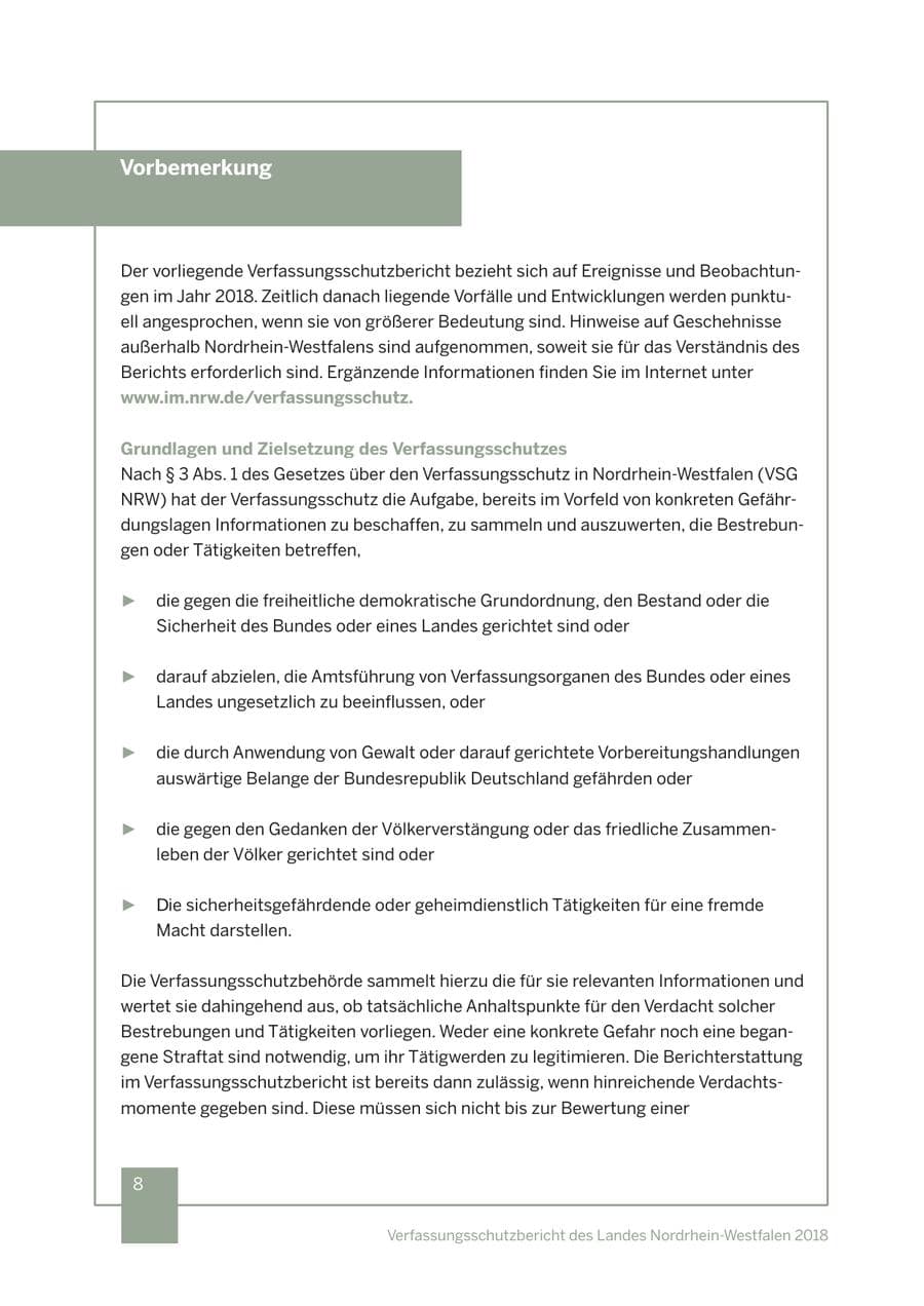 Seite 9 des Verfassungsschutzbericht 2018 Nordrhein-Westfalen