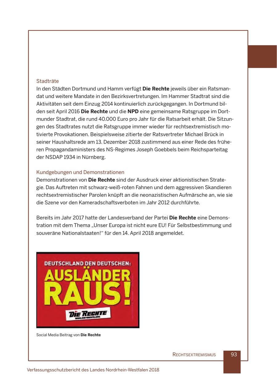 Seite 94 des Verfassungsschutzbericht 2018 Nordrhein-Westfalen