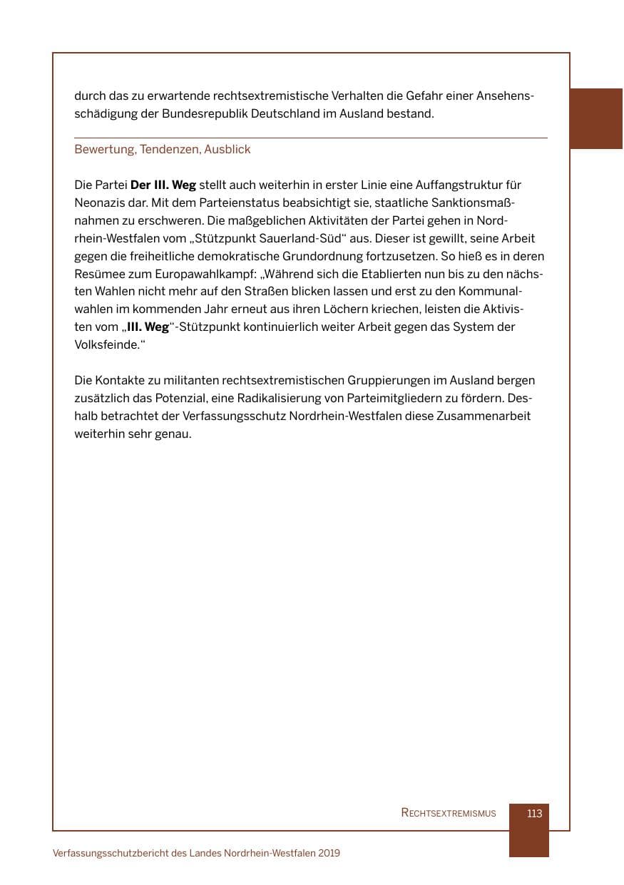 Seite 113 des Verfassungsschutzbericht 2019 Nordrhein-Westfalen