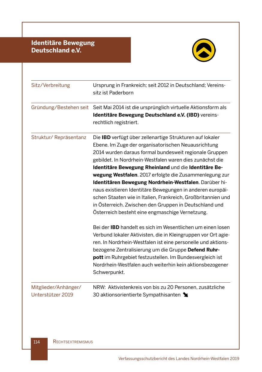 Seite 114 des Verfassungsschutzbericht 2019 Nordrhein-Westfalen