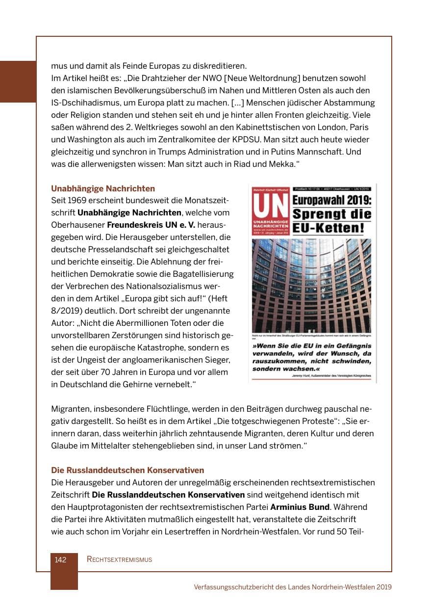 Seite 142 des Verfassungsschutzbericht 2019 Nordrhein-Westfalen