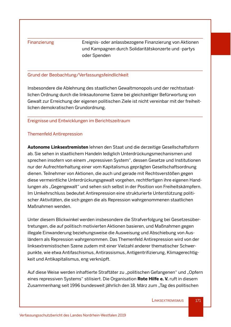 Seite 171 des Verfassungsschutzbericht 2019 Nordrhein-Westfalen