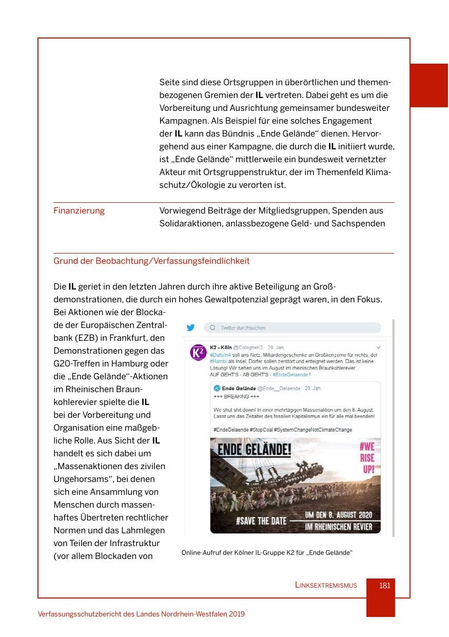 Seite 181 des Verfassungsschutzbericht 2019 Nordrhein-Westfalen
