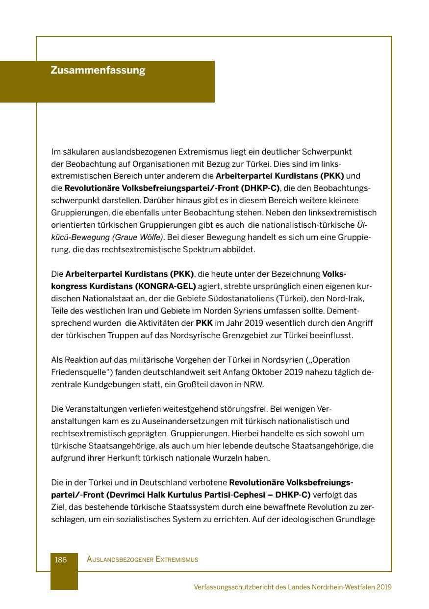 Seite 186 des Verfassungsschutzbericht 2019 Nordrhein-Westfalen