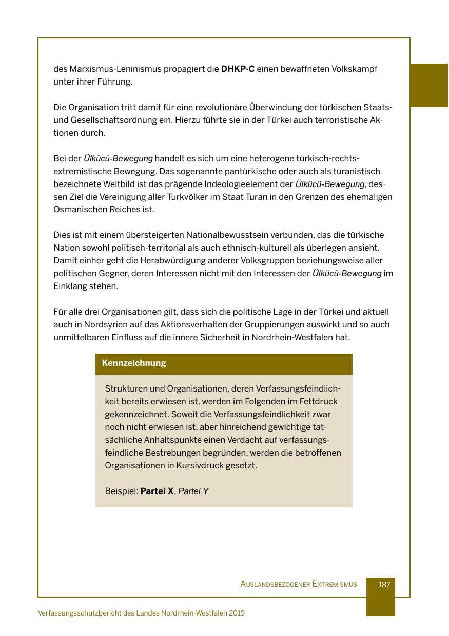 Seite 187 des Verfassungsschutzbericht 2019 Nordrhein-Westfalen