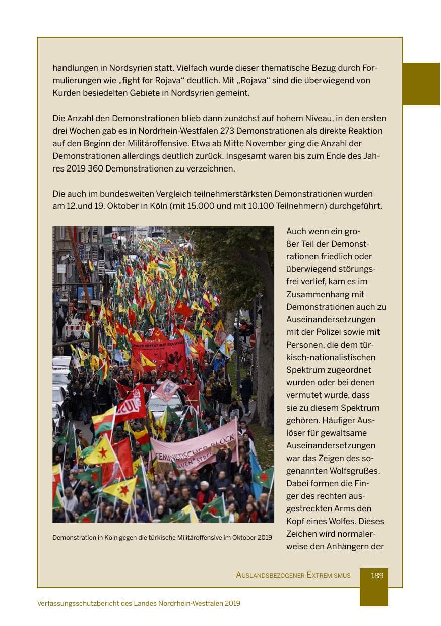 Seite 189 des Verfassungsschutzbericht 2019 Nordrhein-Westfalen