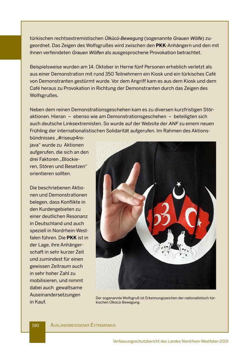 Seite 190 des Verfassungsschutzbericht 2019 Nordrhein-Westfalen