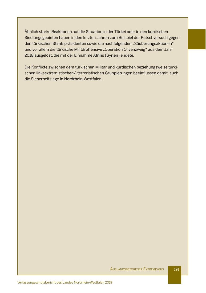 Seite 191 des Verfassungsschutzbericht 2019 Nordrhein-Westfalen