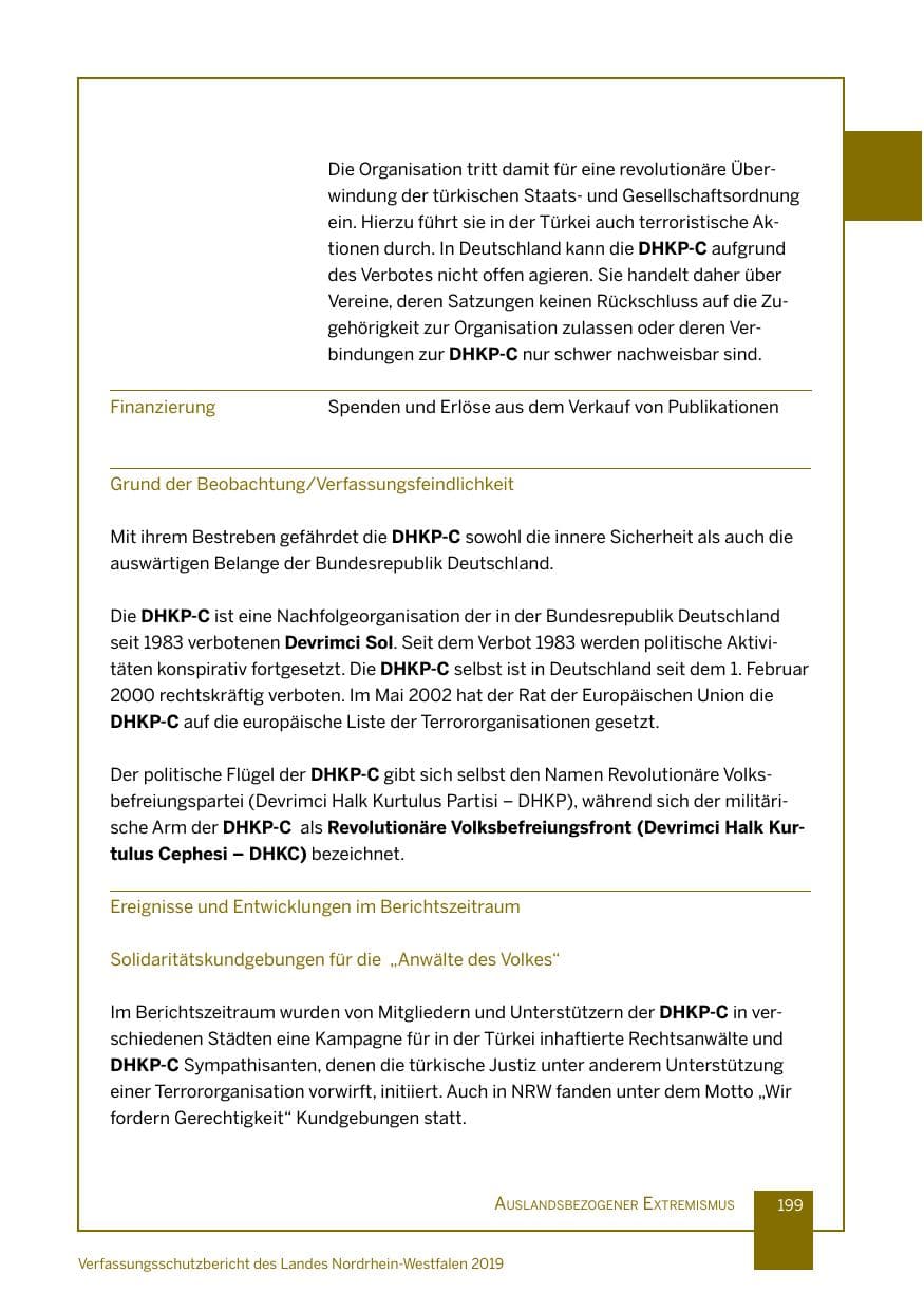 Seite 199 des Verfassungsschutzbericht 2019 Nordrhein-Westfalen