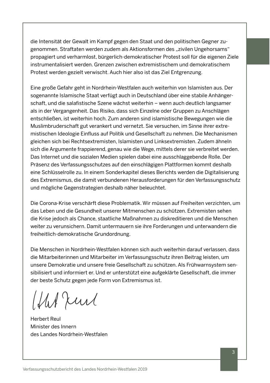 Seite 3 des Verfassungsschutzbericht 2019 Nordrhein-Westfalen