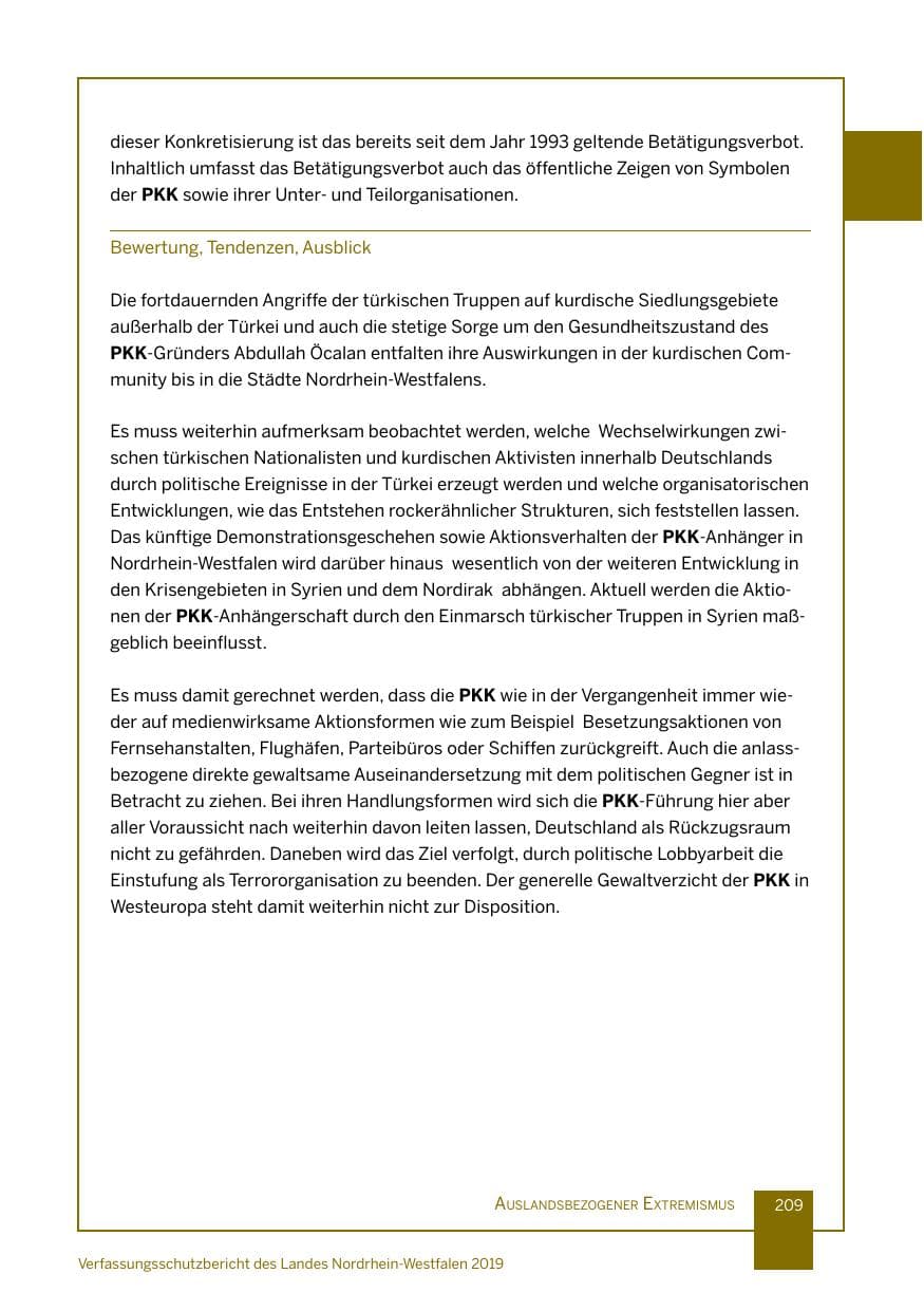 Seite 209 des Verfassungsschutzbericht 2019 Nordrhein-Westfalen