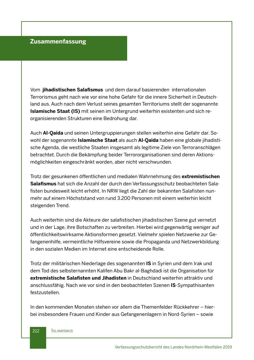 Seite 212 des Verfassungsschutzbericht 2019 Nordrhein-Westfalen