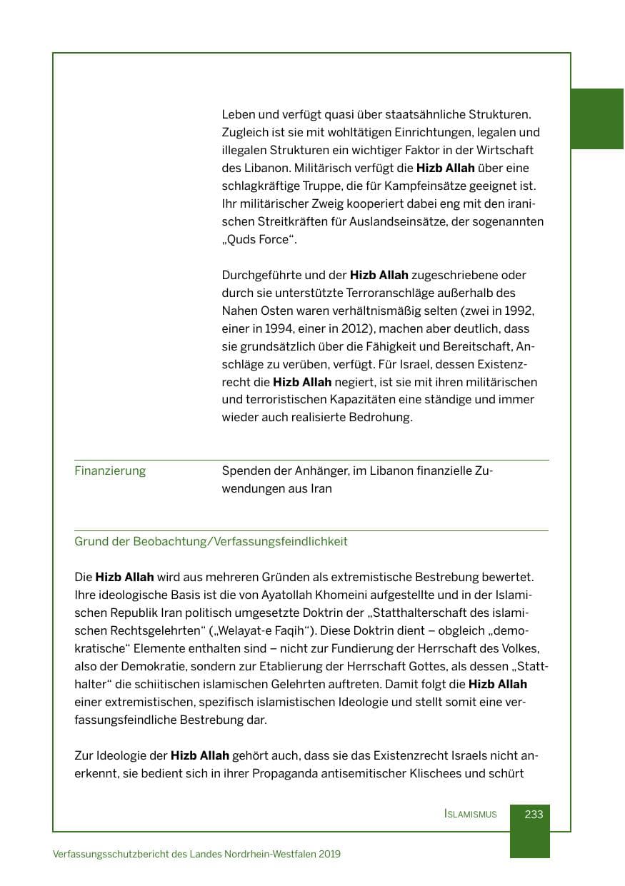Seite 233 des Verfassungsschutzbericht 2019 Nordrhein-Westfalen