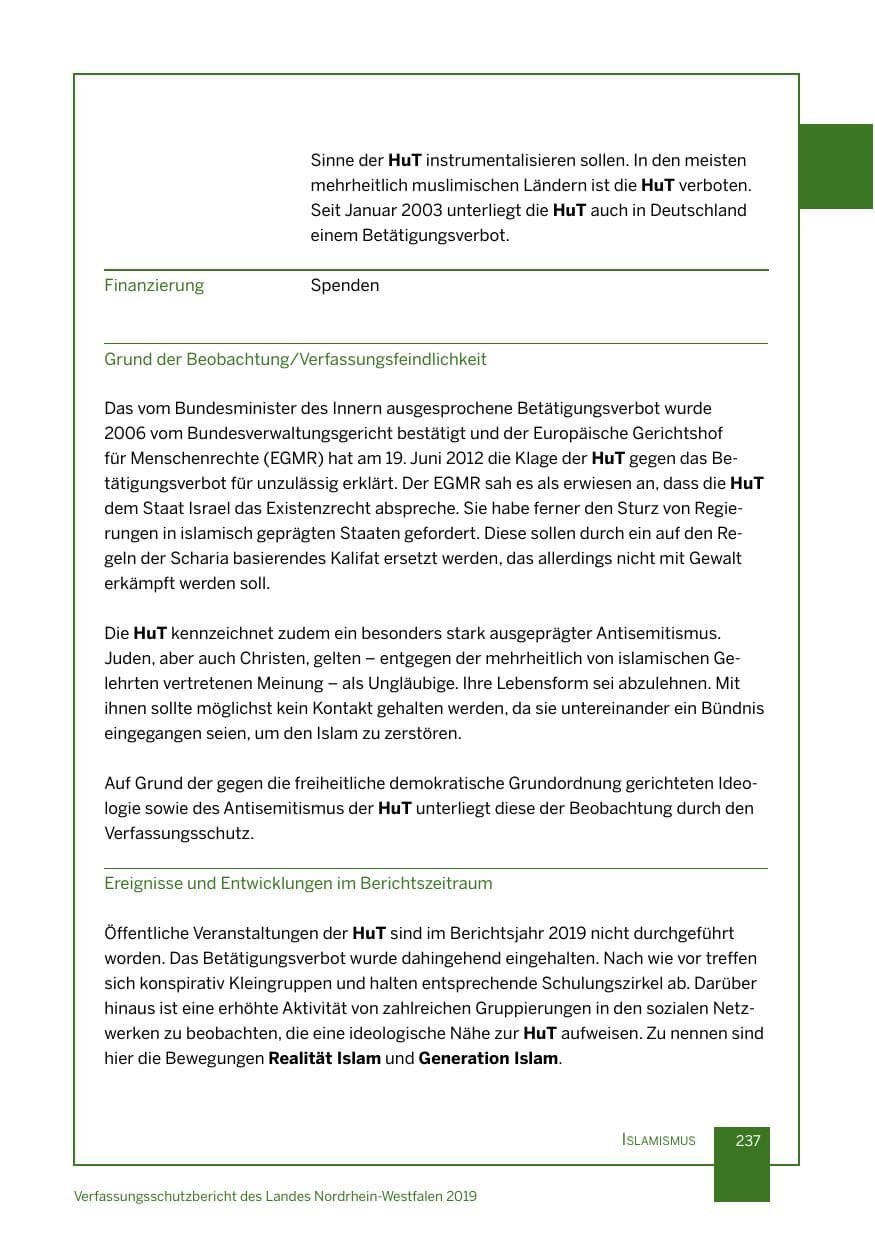 Seite 237 des Verfassungsschutzbericht 2019 Nordrhein-Westfalen