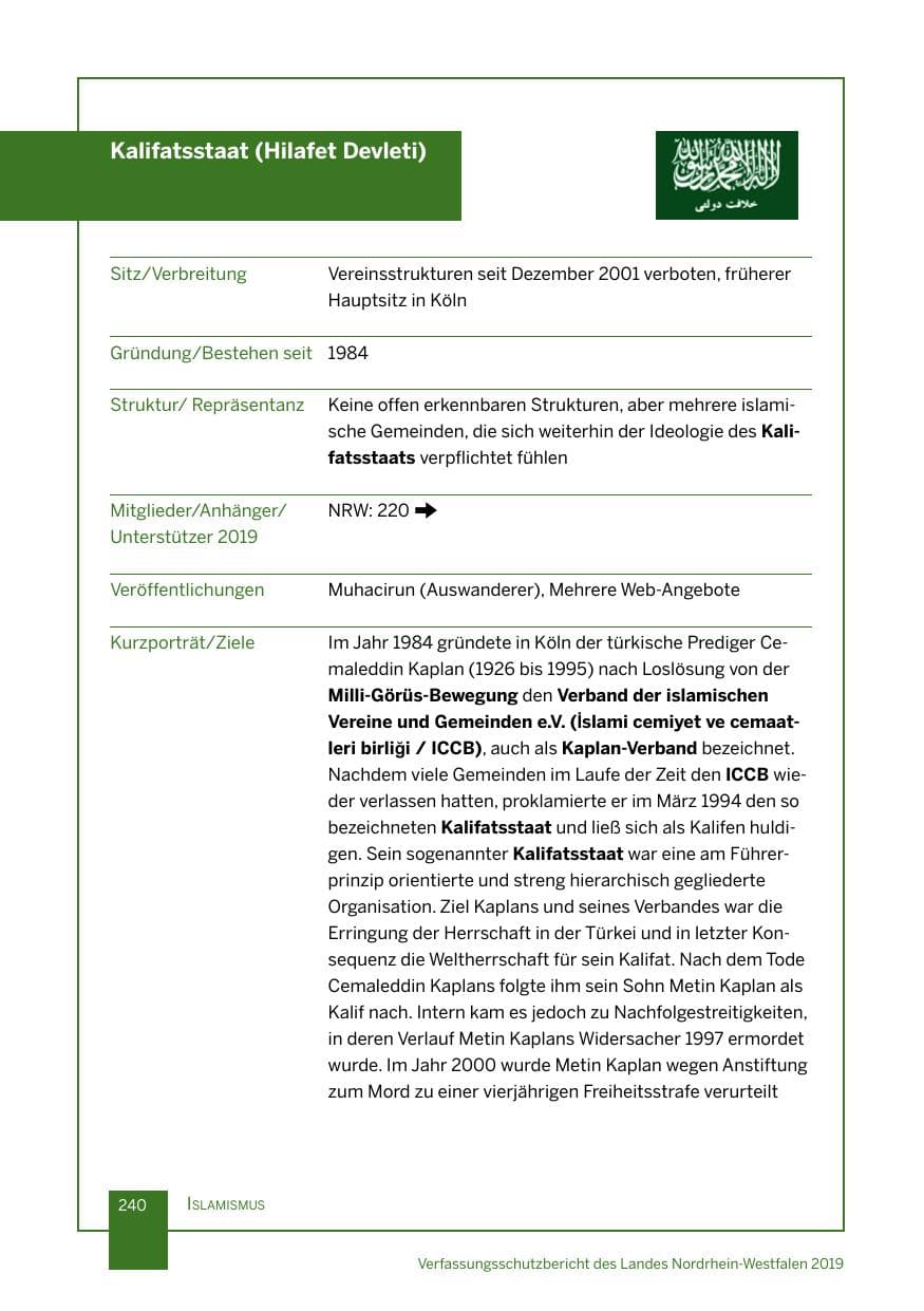 Seite 240 des Verfassungsschutzbericht 2019 Nordrhein-Westfalen