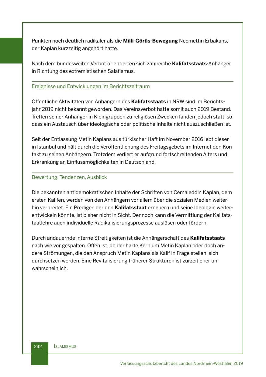Seite 242 des Verfassungsschutzbericht 2019 Nordrhein-Westfalen