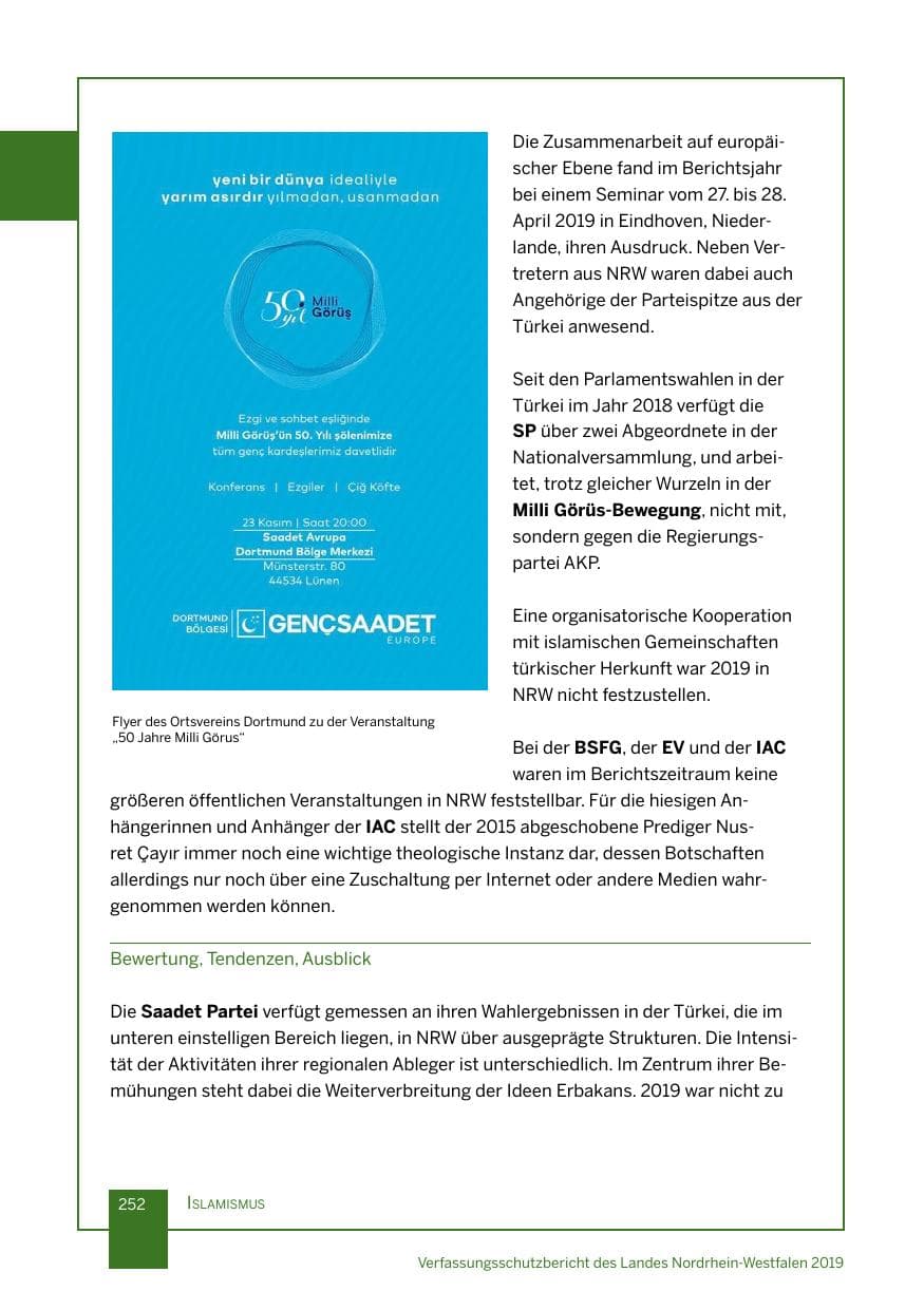 Seite 252 des Verfassungsschutzbericht 2019 Nordrhein-Westfalen
