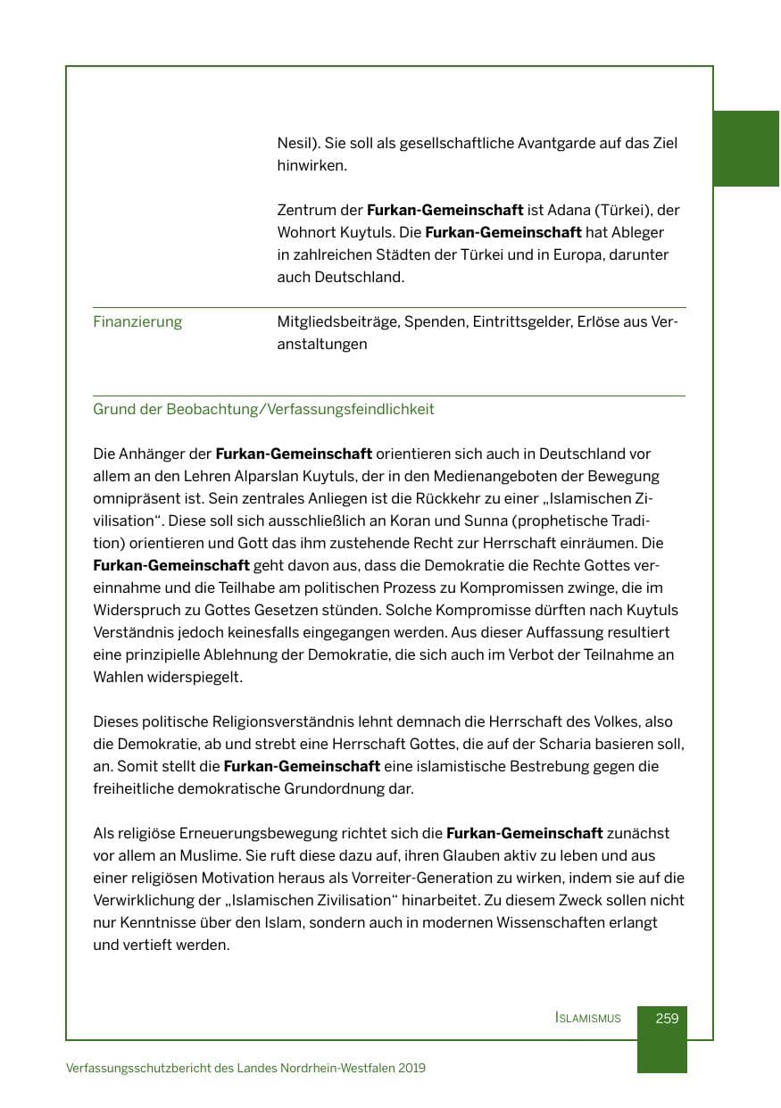 Seite 259 des Verfassungsschutzbericht 2019 Nordrhein-Westfalen