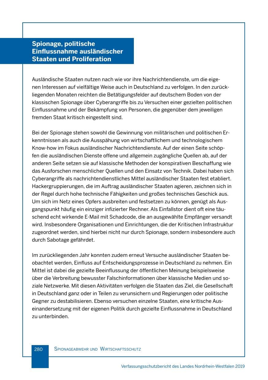 Seite 280 des Verfassungsschutzbericht 2019 Nordrhein-Westfalen