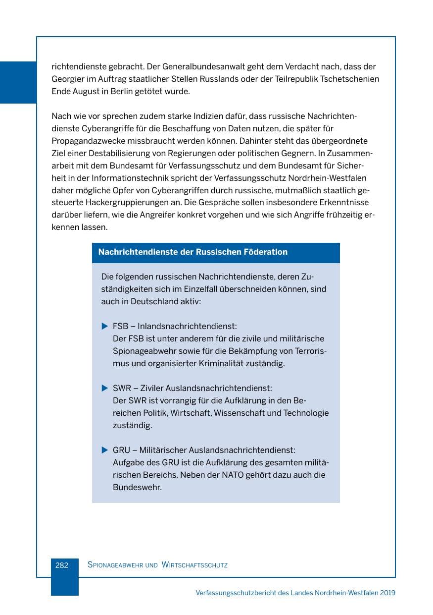 Seite 282 des Verfassungsschutzbericht 2019 Nordrhein-Westfalen