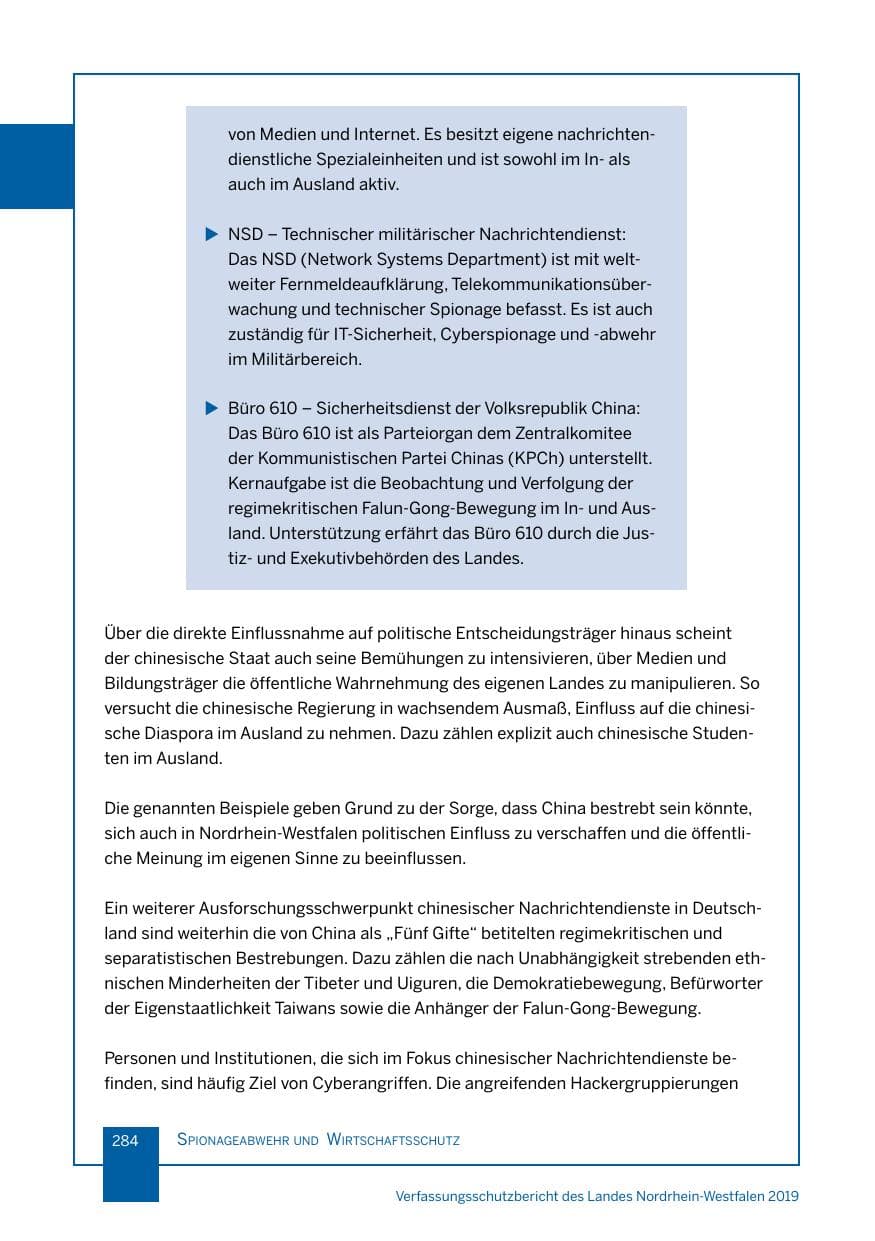 Seite 284 des Verfassungsschutzbericht 2019 Nordrhein-Westfalen