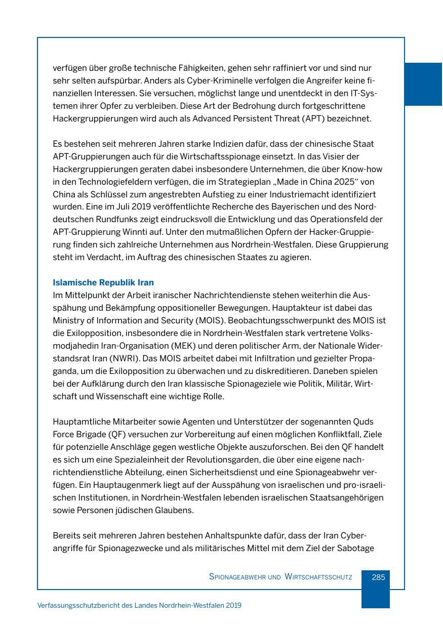 Seite 285 des Verfassungsschutzbericht 2019 Nordrhein-Westfalen