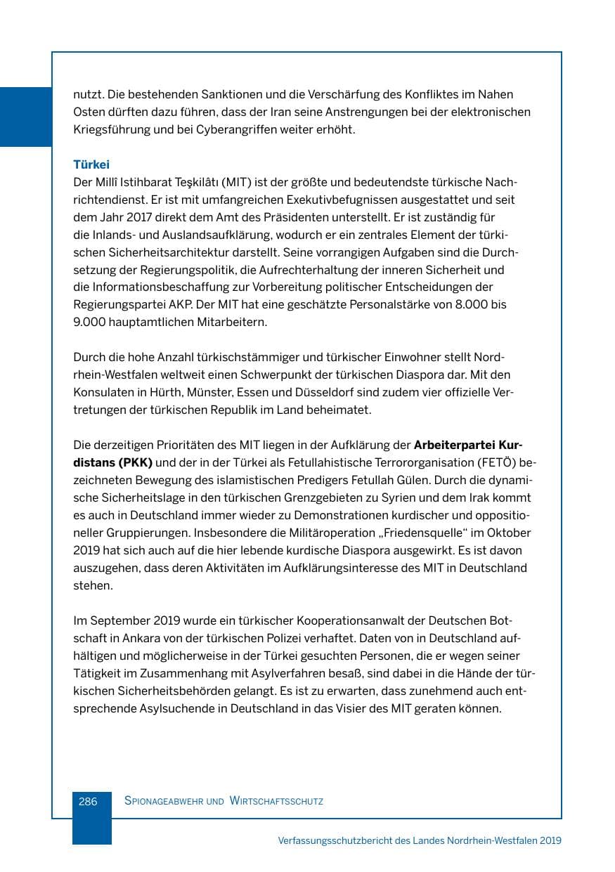 Seite 286 des Verfassungsschutzbericht 2019 Nordrhein-Westfalen