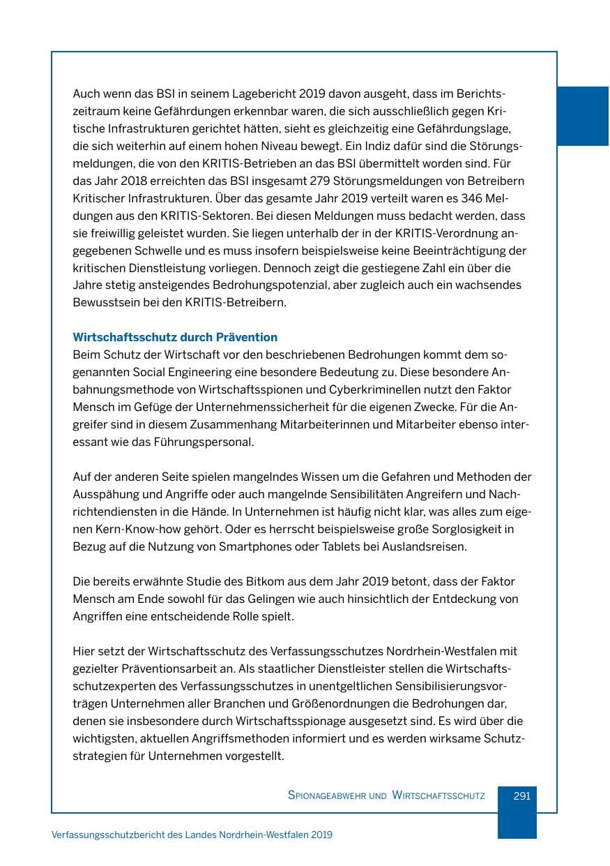 Seite 291 des Verfassungsschutzbericht 2019 Nordrhein-Westfalen