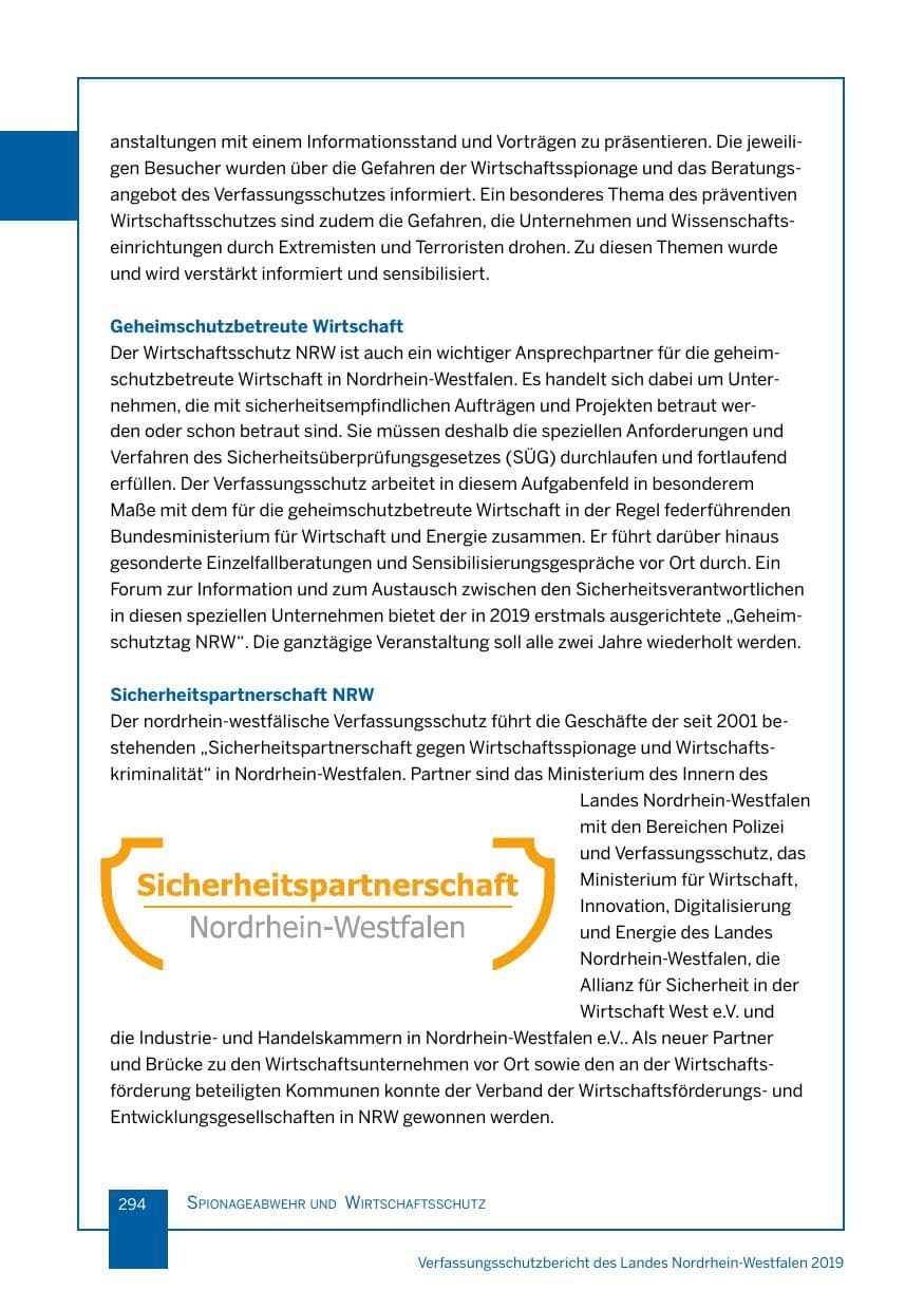 Seite 294 des Verfassungsschutzbericht 2019 Nordrhein-Westfalen