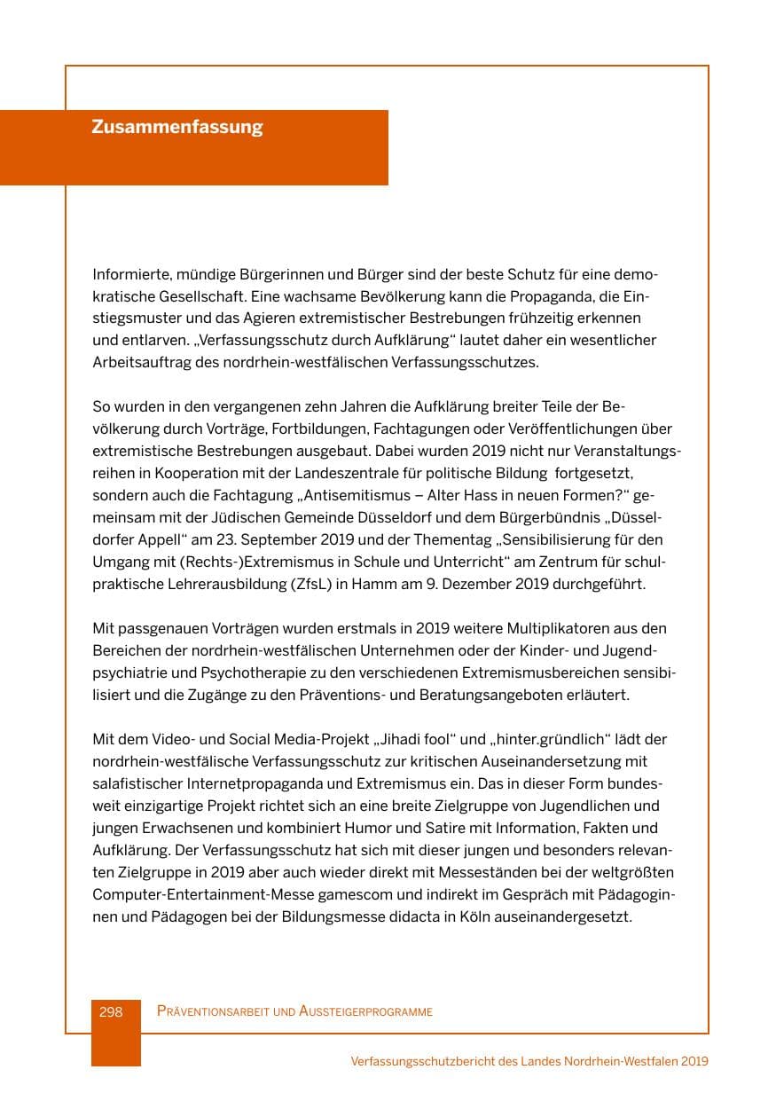 Seite 298 des Verfassungsschutzbericht 2019 Nordrhein-Westfalen