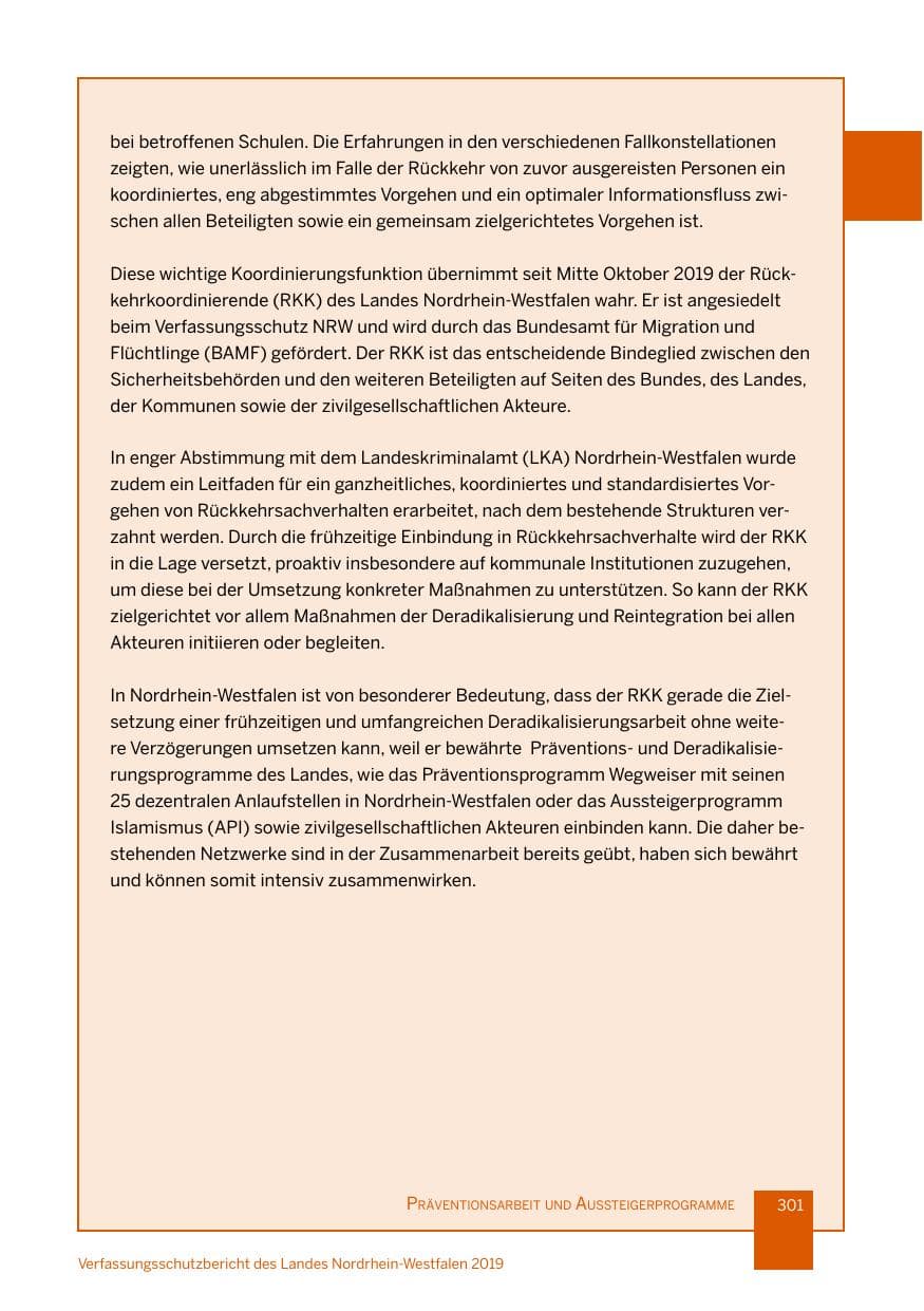 Seite 301 des Verfassungsschutzbericht 2019 Nordrhein-Westfalen