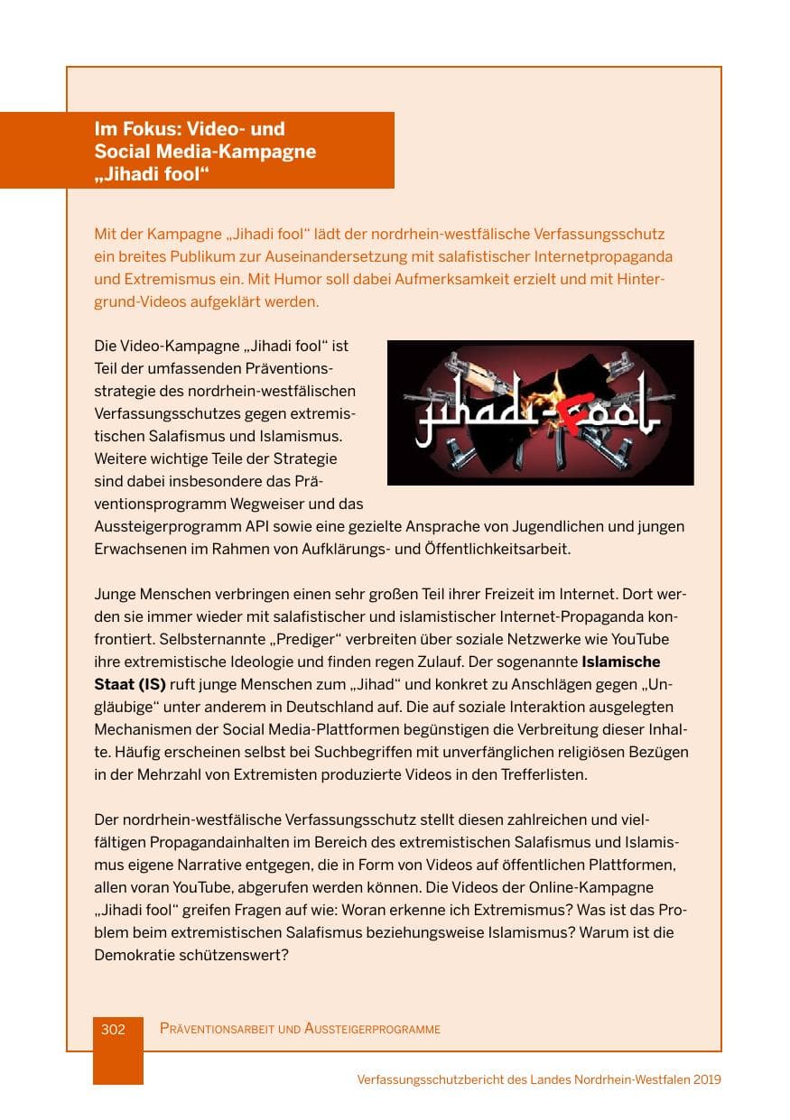 Seite 302 des Verfassungsschutzbericht 2019 Nordrhein-Westfalen