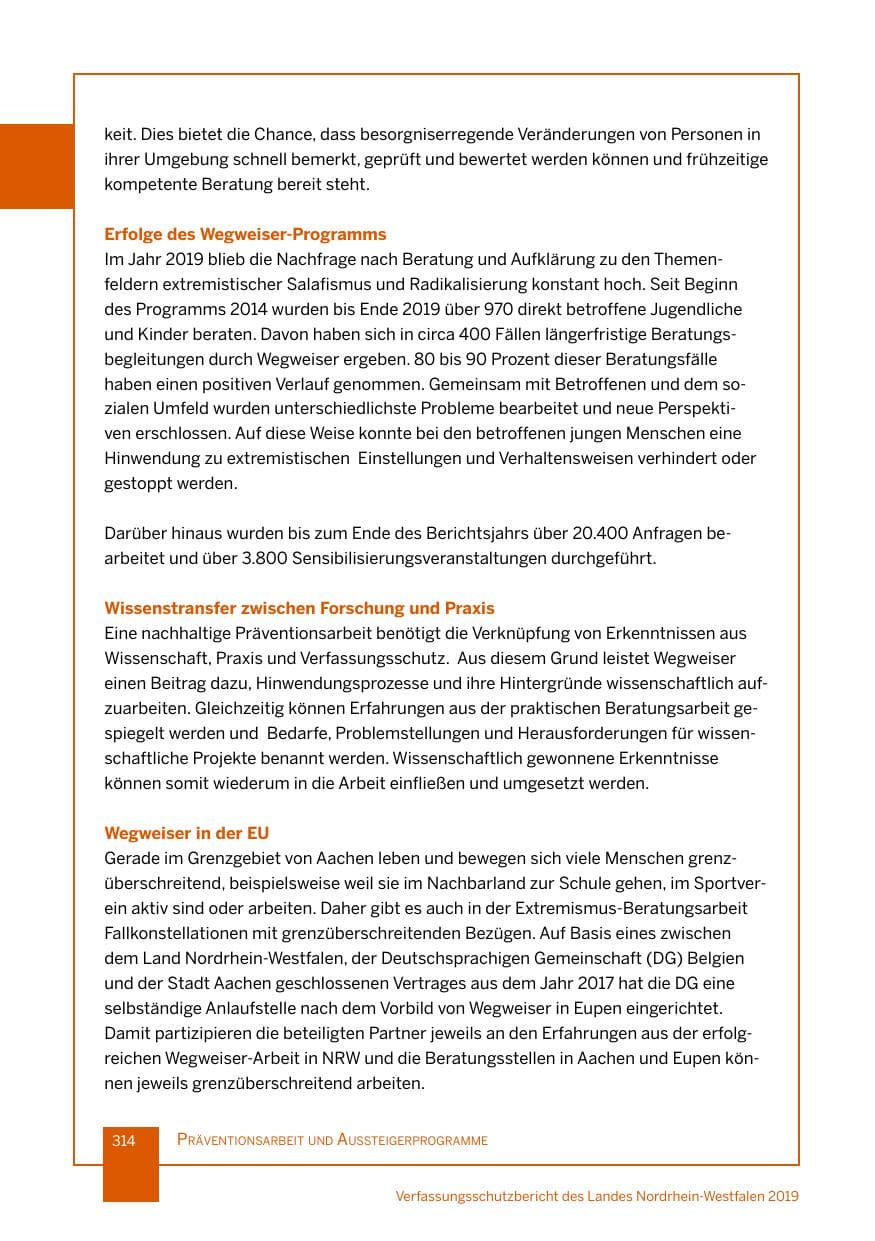 Seite 314 des Verfassungsschutzbericht 2019 Nordrhein-Westfalen