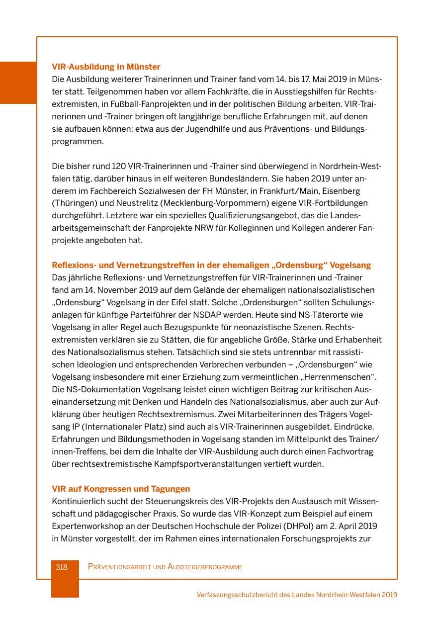 Seite 318 des Verfassungsschutzbericht 2019 Nordrhein-Westfalen