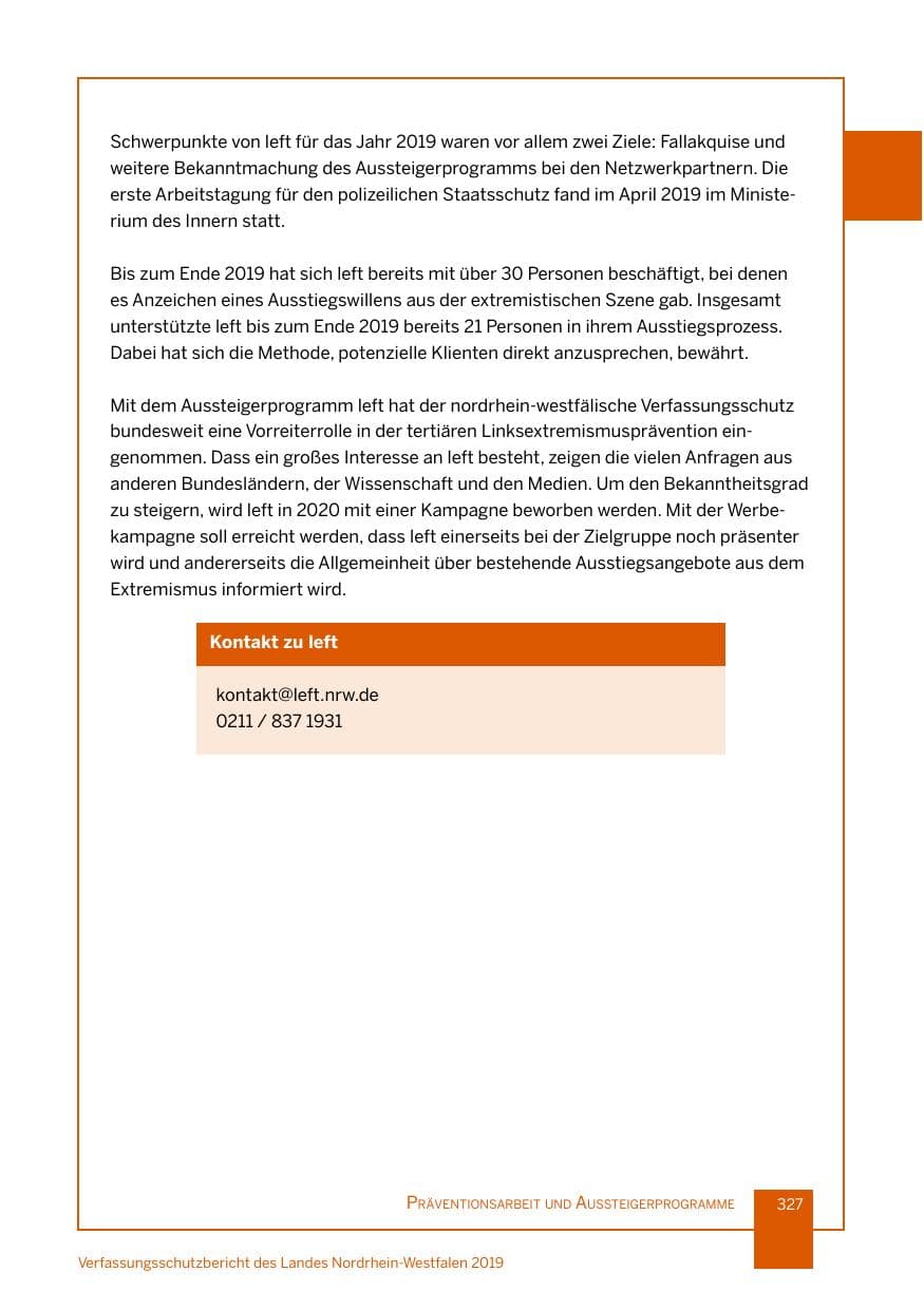 Seite 327 des Verfassungsschutzbericht 2019 Nordrhein-Westfalen