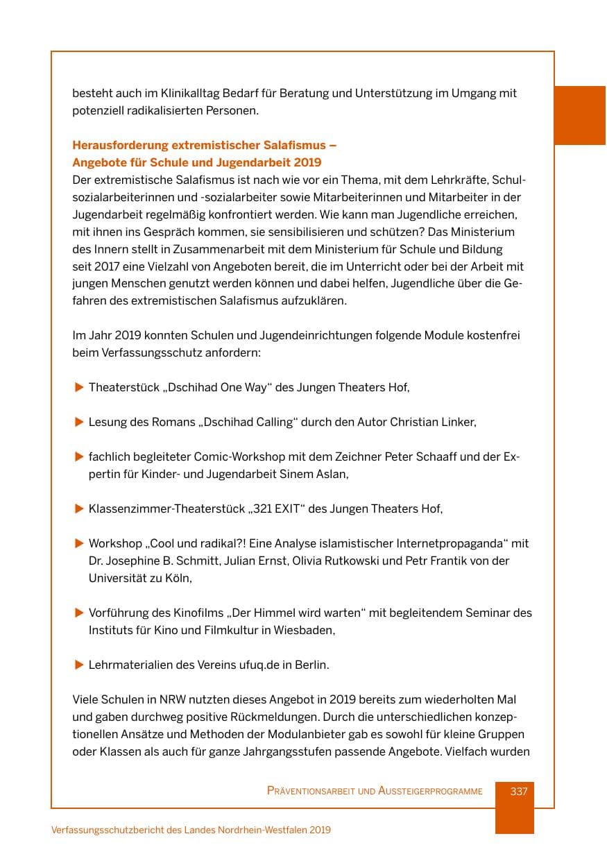 Seite 337 des Verfassungsschutzbericht 2019 Nordrhein-Westfalen