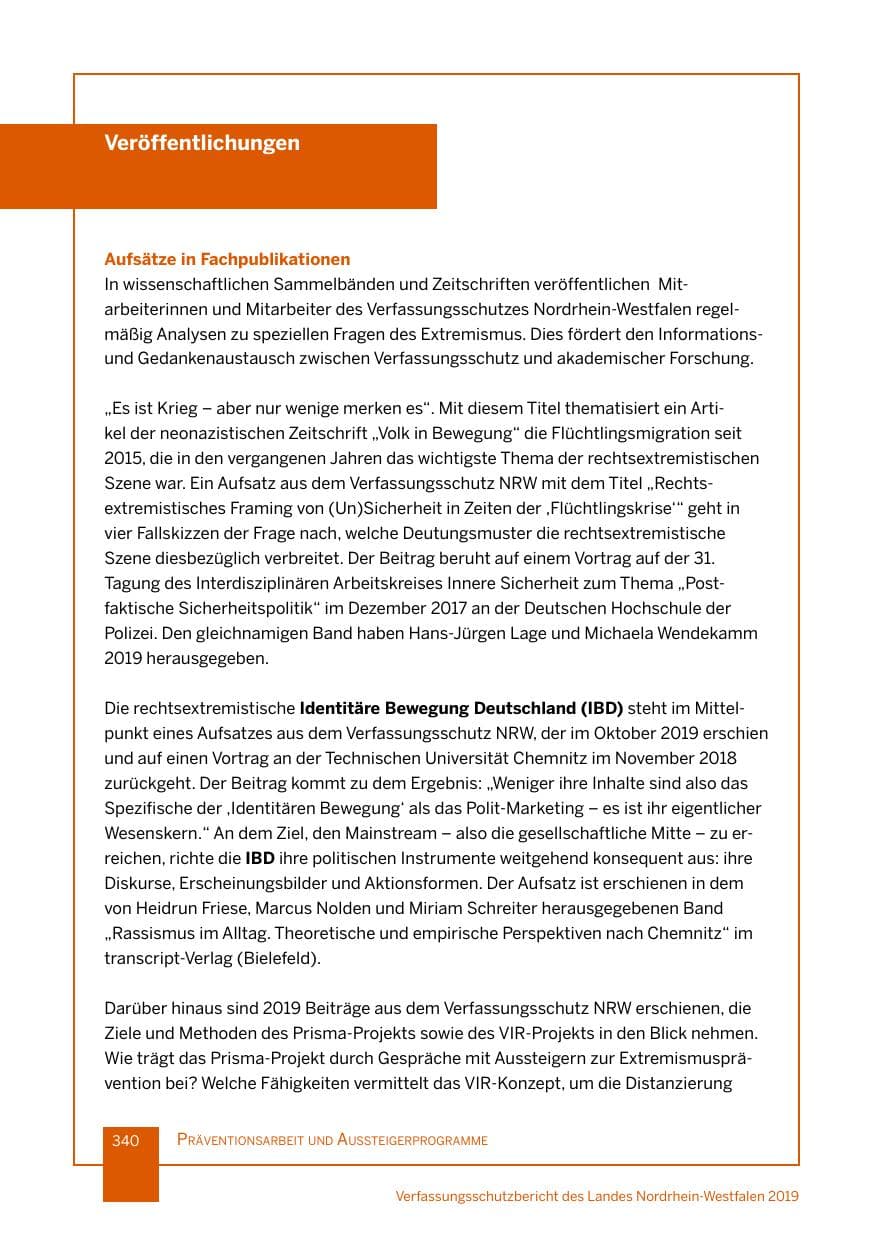Seite 340 des Verfassungsschutzbericht 2019 Nordrhein-Westfalen