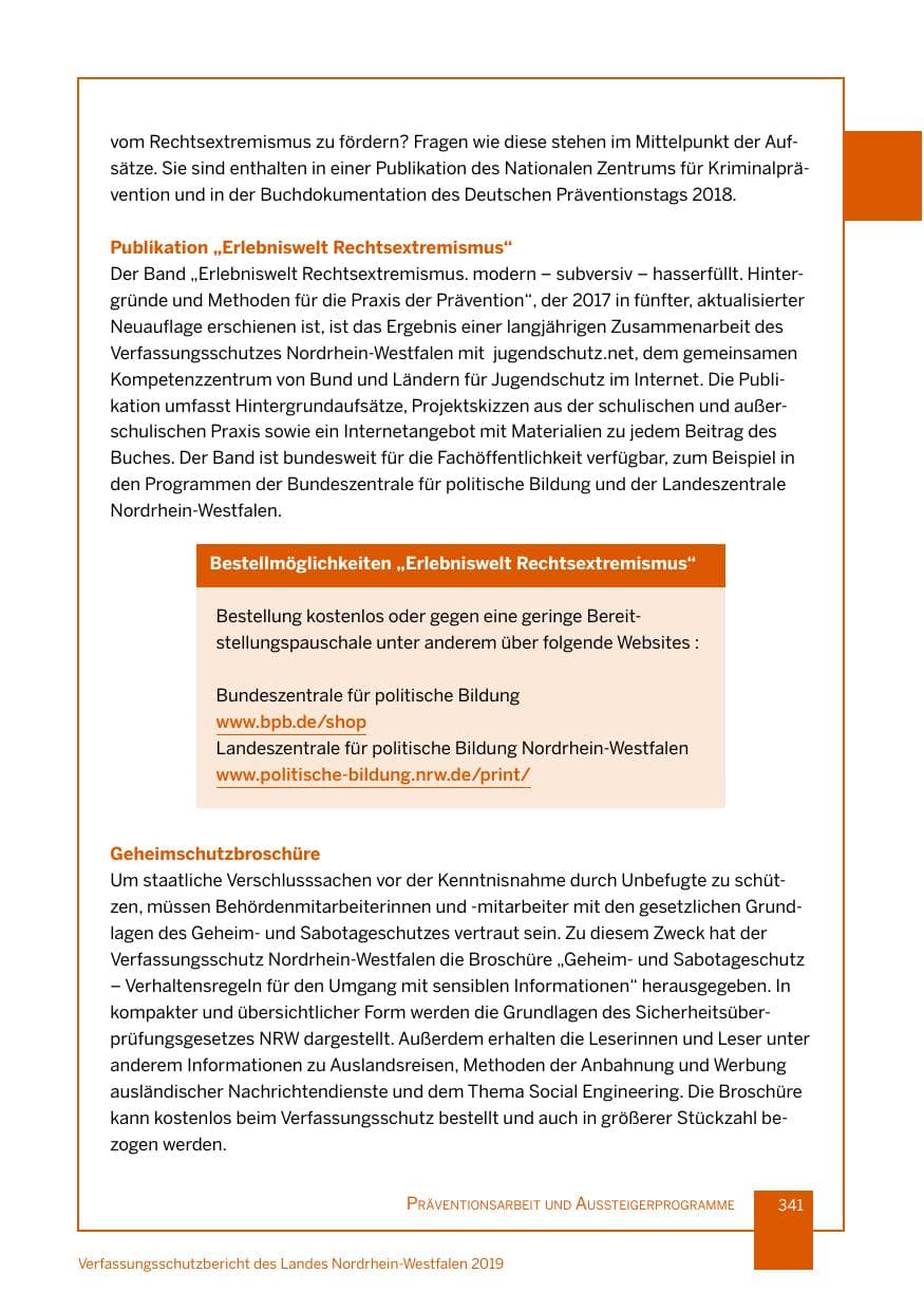 Seite 341 des Verfassungsschutzbericht 2019 Nordrhein-Westfalen