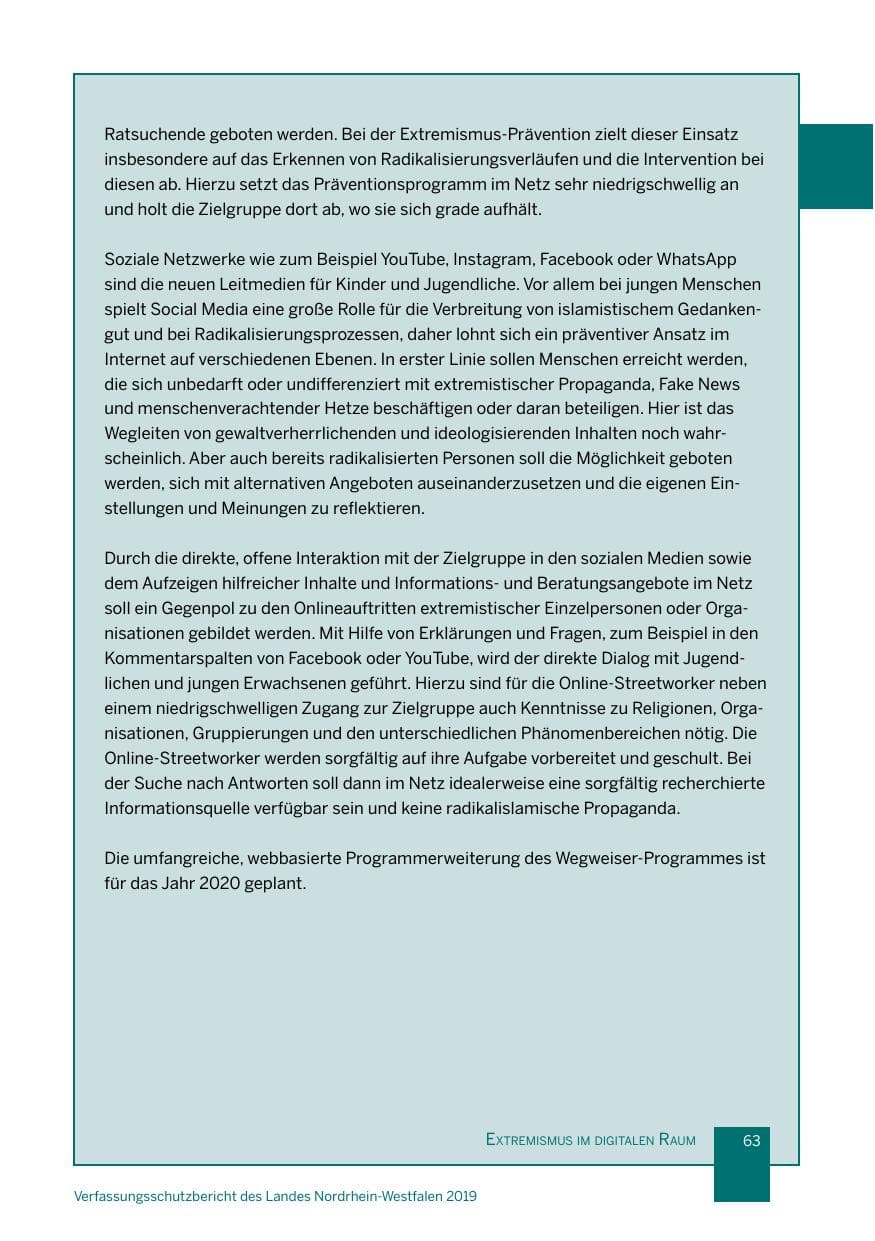 Seite 63 des Verfassungsschutzbericht 2019 Nordrhein-Westfalen