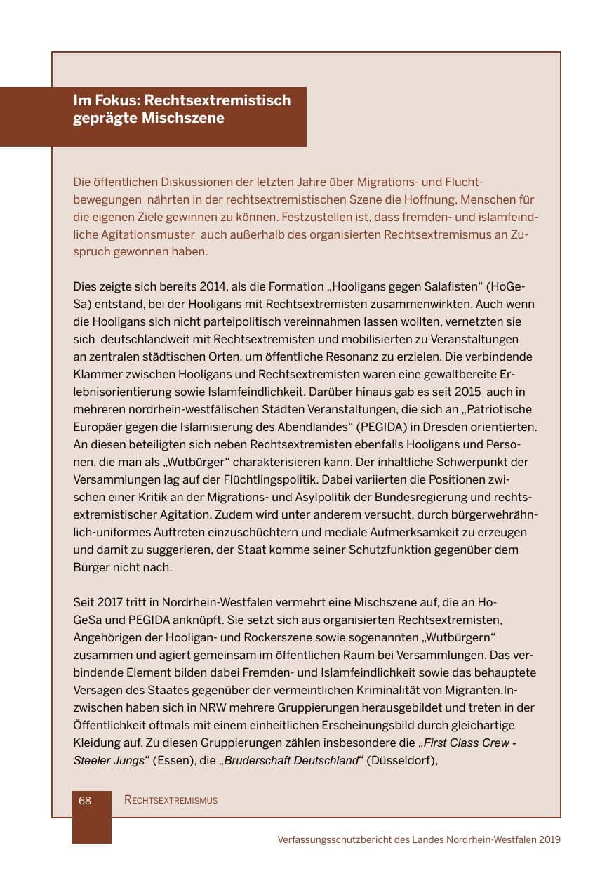 Seite 68 des Verfassungsschutzbericht 2019 Nordrhein-Westfalen