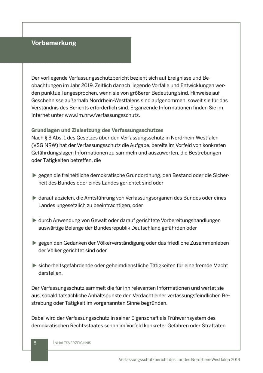 Seite 8 des Verfassungsschutzbericht 2019 Nordrhein-Westfalen