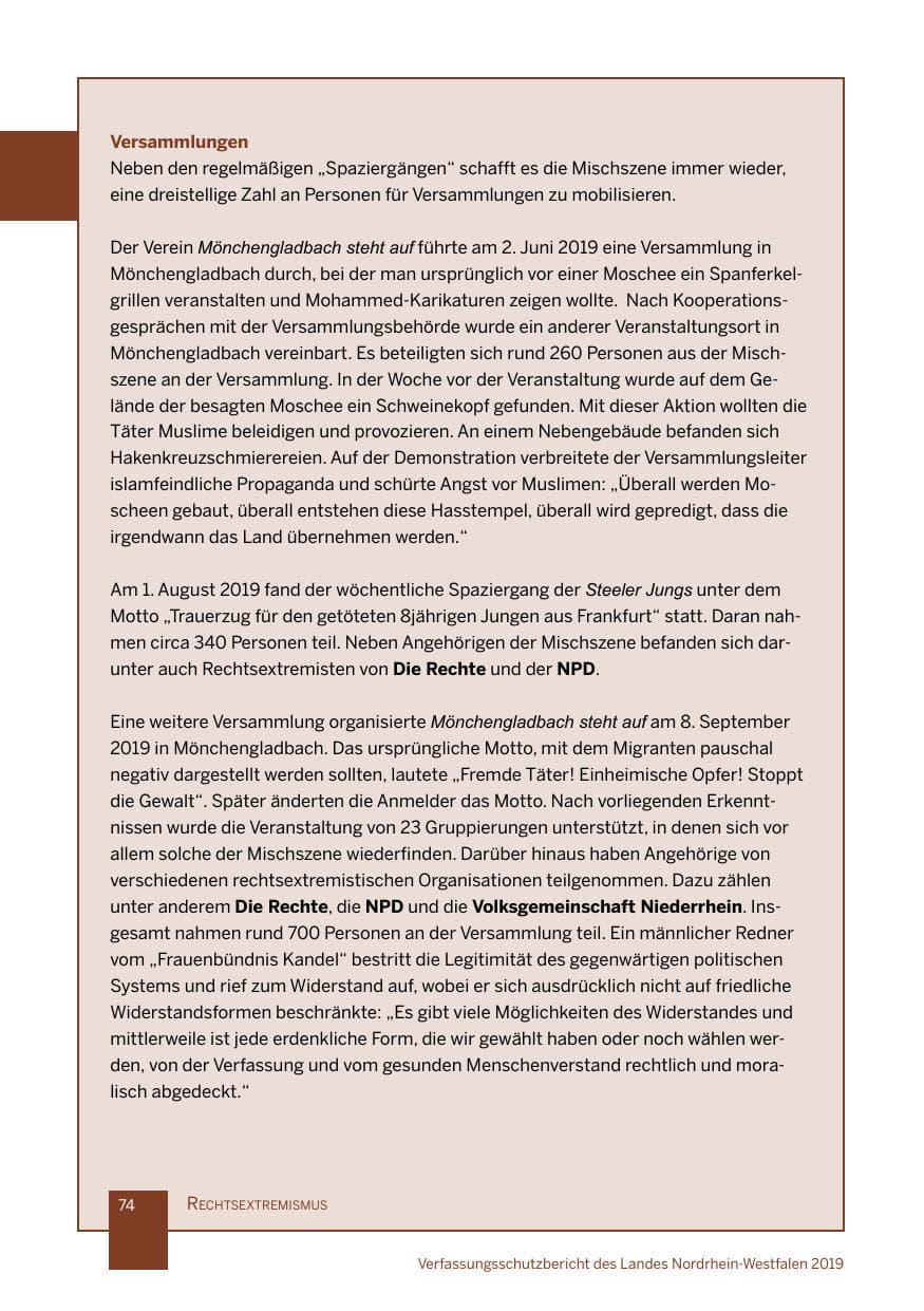Seite 74 des Verfassungsschutzbericht 2019 Nordrhein-Westfalen