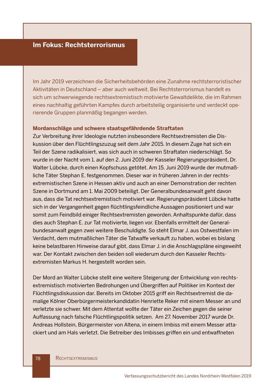 Seite 78 des Verfassungsschutzbericht 2019 Nordrhein-Westfalen