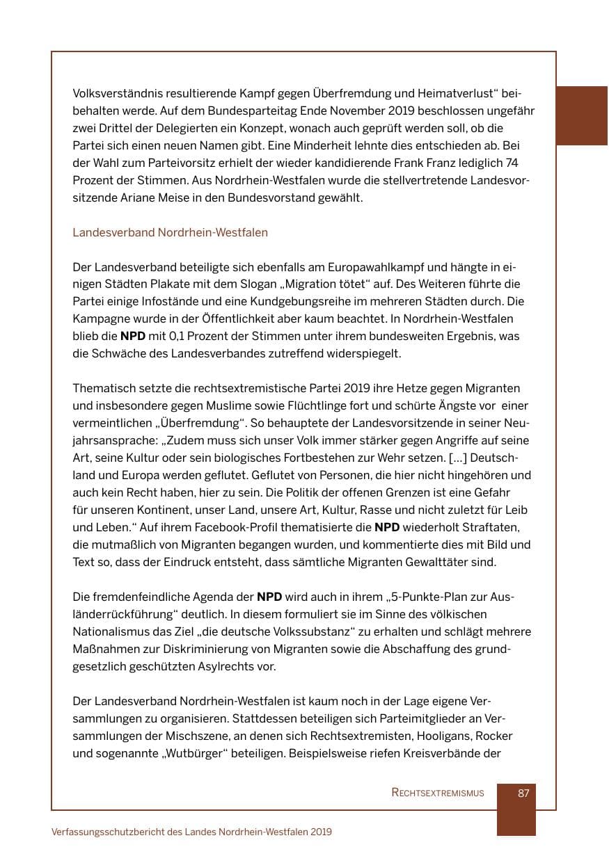 Seite 87 des Verfassungsschutzbericht 2019 Nordrhein-Westfalen