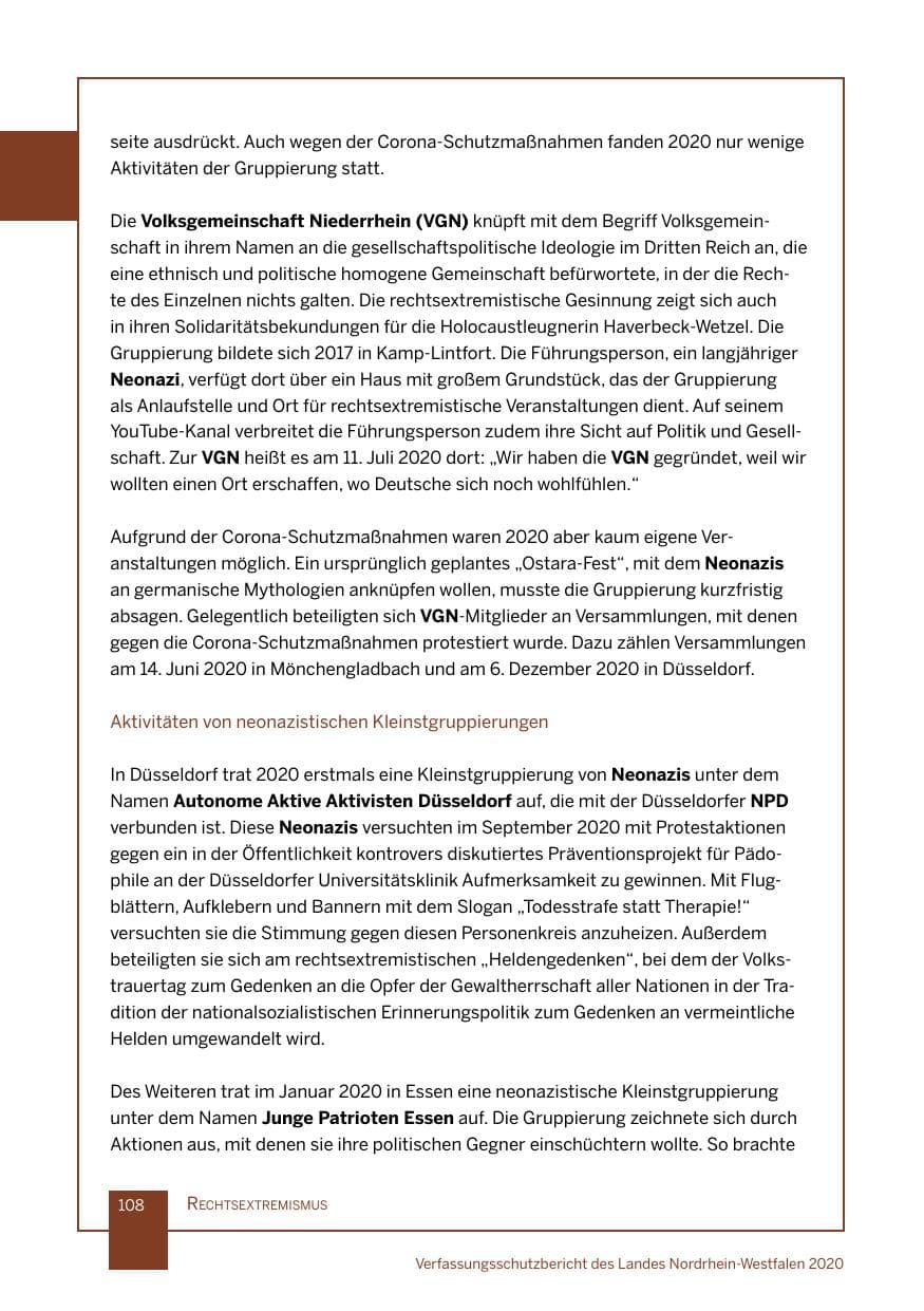 Seite 109 des Verfassungsschutzbericht 2020 Nordrhein-Westfalen