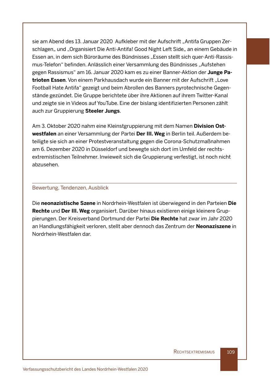 Seite 110 des Verfassungsschutzbericht 2020 Nordrhein-Westfalen